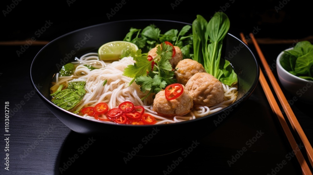 Delicious Thai noodle soup with fish balls and pork garnished with fresh herbs and chili slices in a dark setting Delicious Thai noodle soup with fish balls and pork garnished with fresh herbs and chili slices in a dark setting