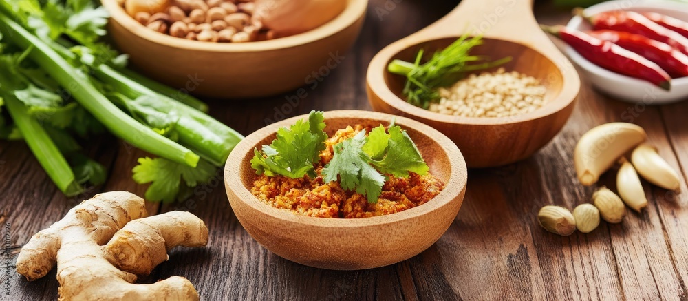 Korean style pizza ingredients with fresh herbs and spices on wooden table Korean style pizza ingredients with fresh herbs and spices on wooden table