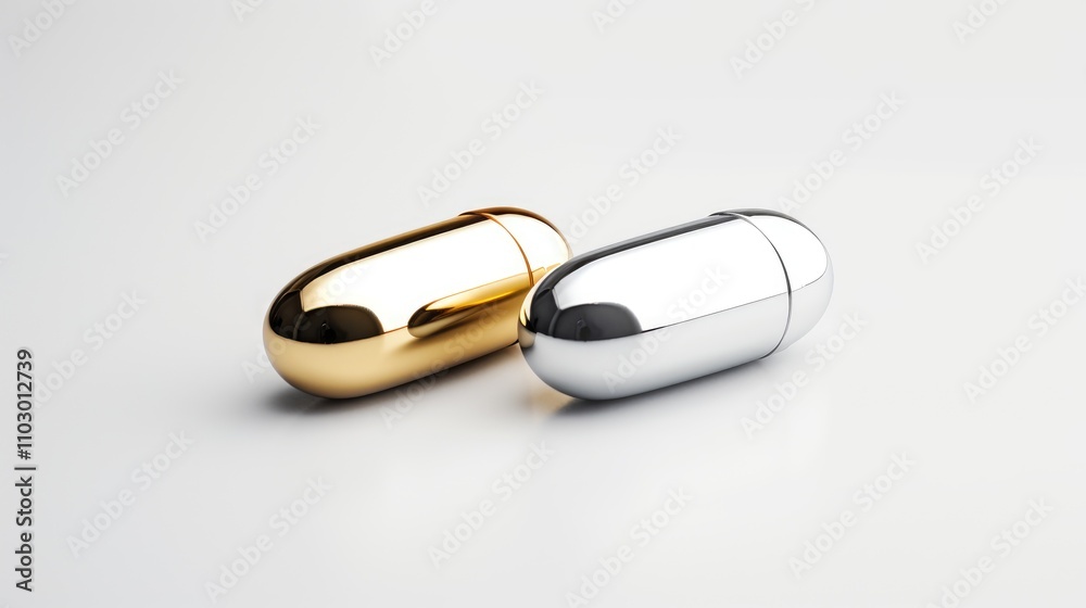 Two metallic capsule pills in gold and silver colors isolated on a clean white background for pharmaceutical or health-related concepts Two metallic capsule pills in gold and silver colors isolated on a clean white background for pharmaceutical or health-related concepts