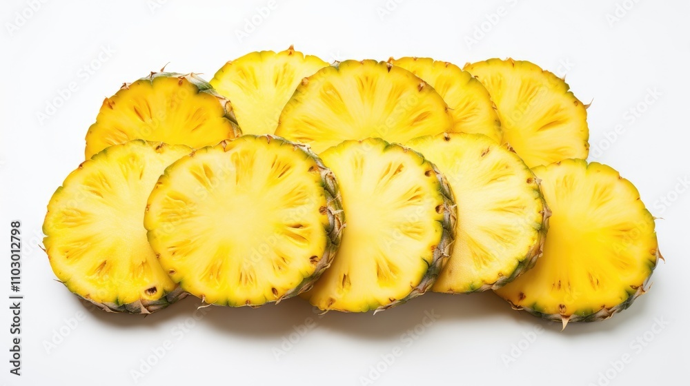 Fresh pineapple slices arranged in a stack on a clean white surface showcasing vibrant yellow color and juicy texture. Fresh pineapple slices arranged in a stack on a clean white surface showcasing vibrant yellow color and juicy texture.