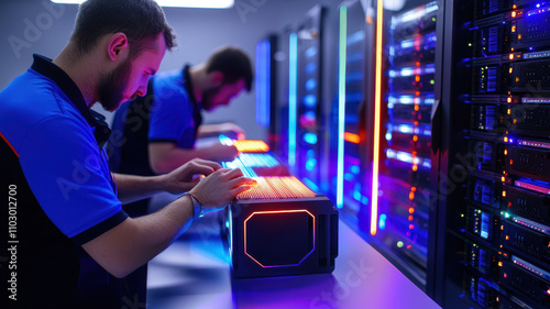 Fiber Optic High-Technology: Technicians Splicing Cables in Advanced Server Systems technician working on server in data center with colorful lights