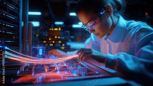 Fiber Optic High-Technology: Technicians Splicing Cables in Advanced Server Systems Innovative woman working on circuit board with glowing wires