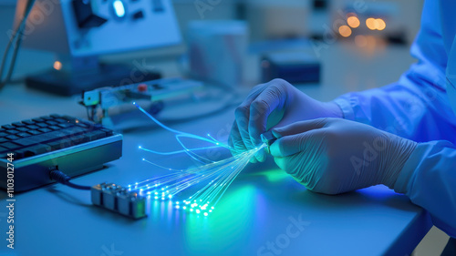 Fiber Optic High-Technology: Technicians Splicing Cables in Advanced Server Systems technician working with fiber optic cables in lab setting