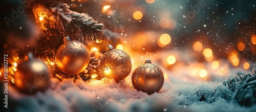 New Year decorations sparkling on a snowy tree with warm golden lights and festive ornaments creating a magical winter atmosphere