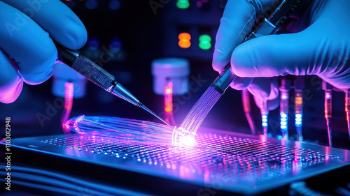 Fiber Optic High-Technology: Technicians Splicing Cables in Advanced Server Systems High tech technician working with glowing fiber optics and tools