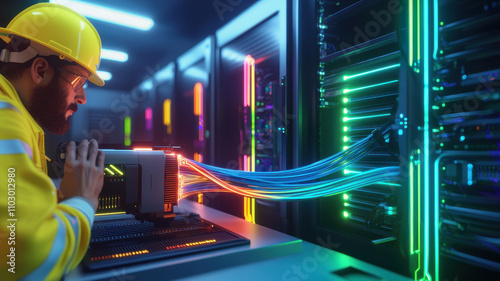 Fiber Optic High-Technology: Technicians Splicing Cables in Advanced Server Systems Technician working on server cables in data center, focused and skilled