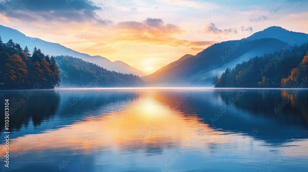 Sunset reflections create a stunning scene on a calm lake, capturing the serene beauty of natures transition. This peaceful lake view provides ample copy space for your design needs. Sunset reflections create a stunning scene on a calm lake, capturing the serene beauty of natures transition. This peaceful lake view provides ample copy space for your design needs.