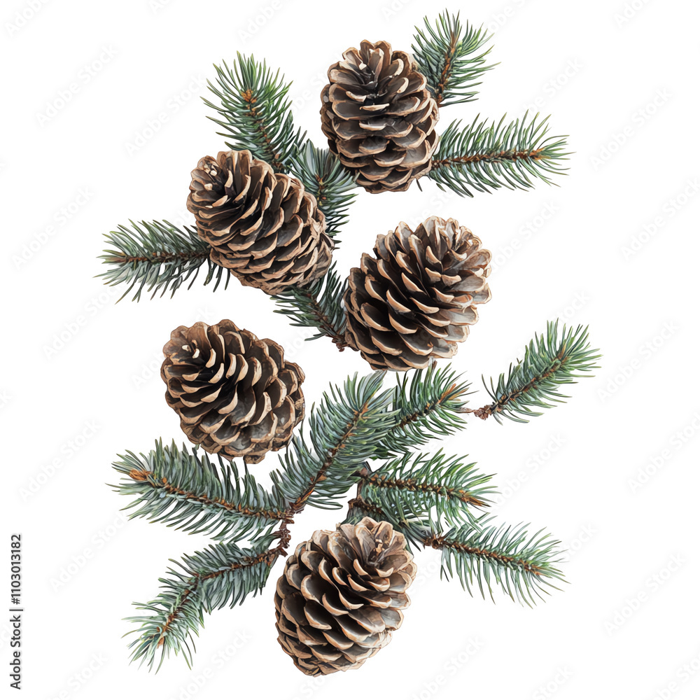 Pinecones and branches, white isolate background Pinecones and branches, white isolate background