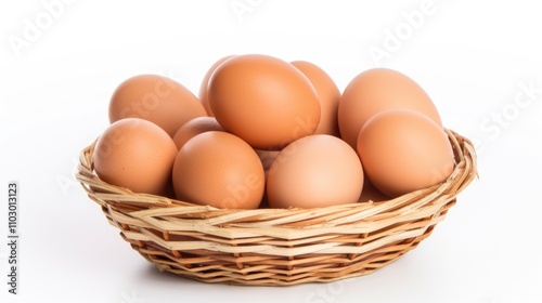 Freshly collected brown eggs in a woven basket set against a clean white background showcasing natural farm produce. photo