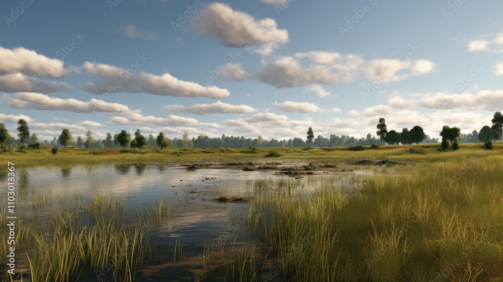 Tranquil wetlands and grassy meadows under a serene cloudy sky showcasing nature's beauty and calmness in the landscape. Tranquil wetlands and grassy meadows under a serene cloudy sky showcasing nature's beauty and calmness in the landscape.