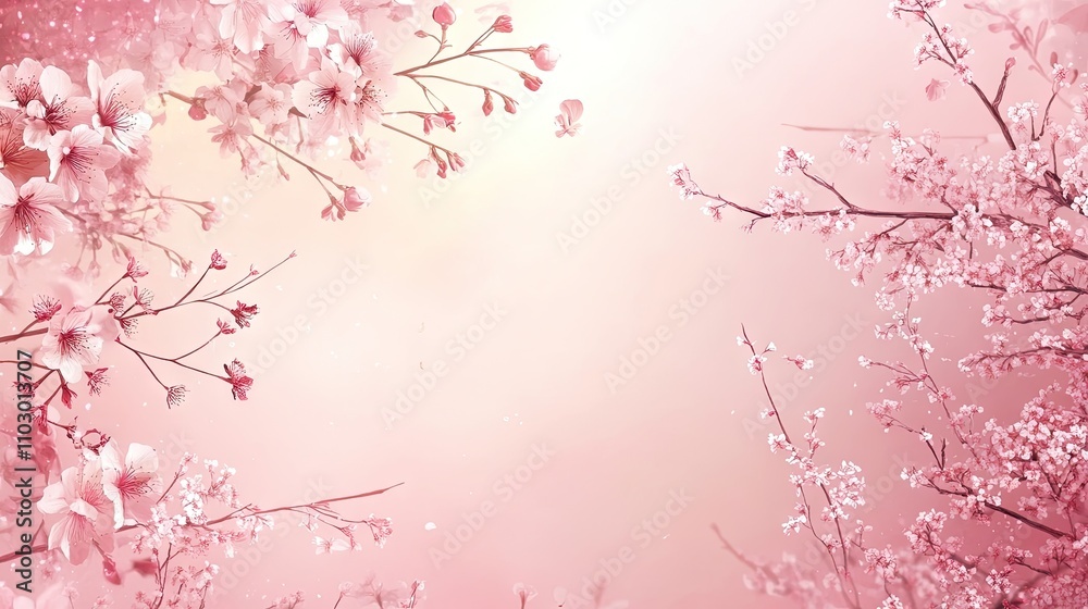 Stunning cherry blossoms create a vibrant spring border, ideal for capturing the essence of sakura beauty in photographs. Ample space for design and text complements the cherry blossoms.