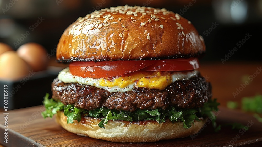 Delicious gourmet hamburger stacked with beef, fresh vegetables, fried egg, and creamy sauces on a toasted sesame bun Delicious gourmet hamburger stacked with beef, fresh vegetables, fried egg, and creamy sauces on a toasted sesame bun