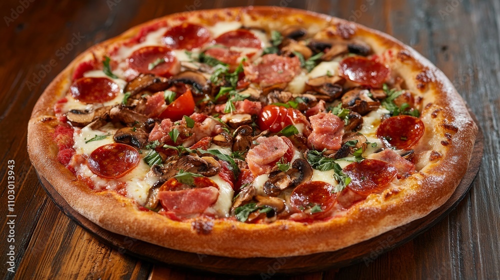 Tasty Italian pizza with pepperoni, tomatoes, cheese and mushrooms on a vintage wooden table. Tasty Italian pizza with pepperoni, tomatoes, cheese and mushrooms on a vintage wooden table.