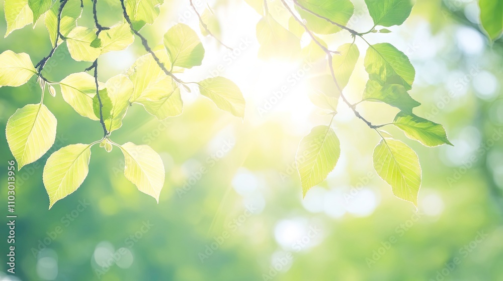 Vivid green birch leaves on a branch illuminated by sunlight create a beautiful and serene atmosphere, perfect for adding a touch of nature with space for text. Vivid green birch leaves on a branch illuminated by sunlight create a beautiful and serene atmosphere, perfect for adding a touch of nature with space for text.