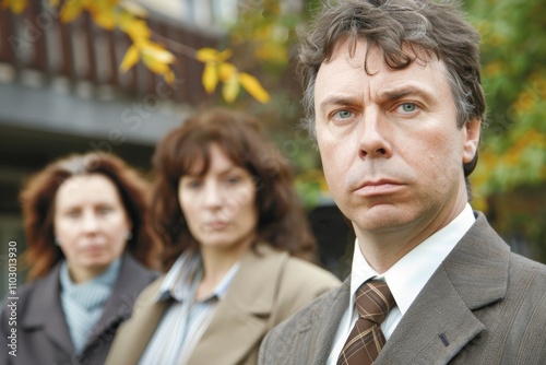 Portrait of a serious mature businessman with three women in the background