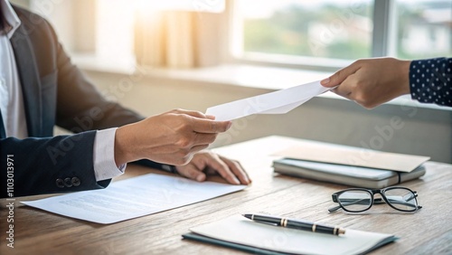 Professional Document Handover in Sunlit Office with Close-Up Details V10