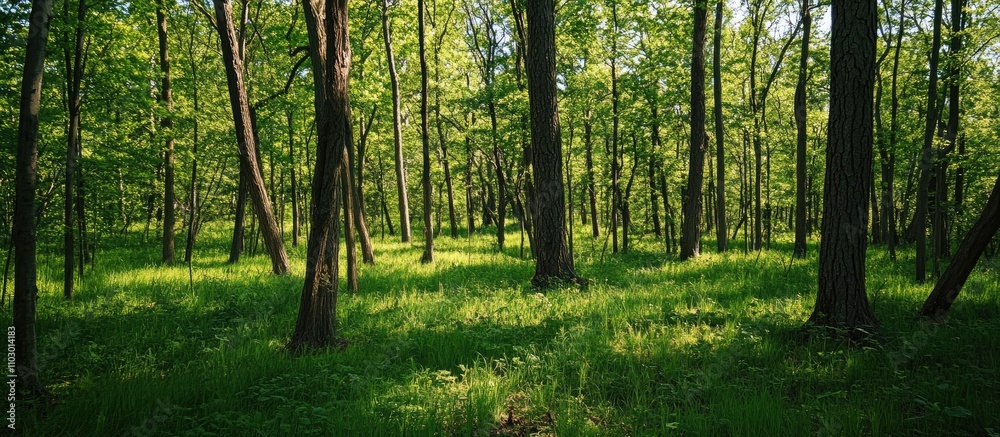 Obraz premium Lush green forest landscape with tall trees and sunlight filtering through leaves creating a peaceful natural environment