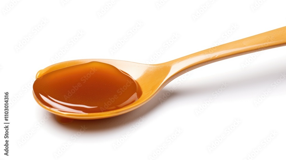Spoon filled with rich caramel sauce on a clean white background highlighting its glossy texture and vibrant color Spoon filled with rich caramel sauce on a clean white background highlighting its glossy texture and vibrant color