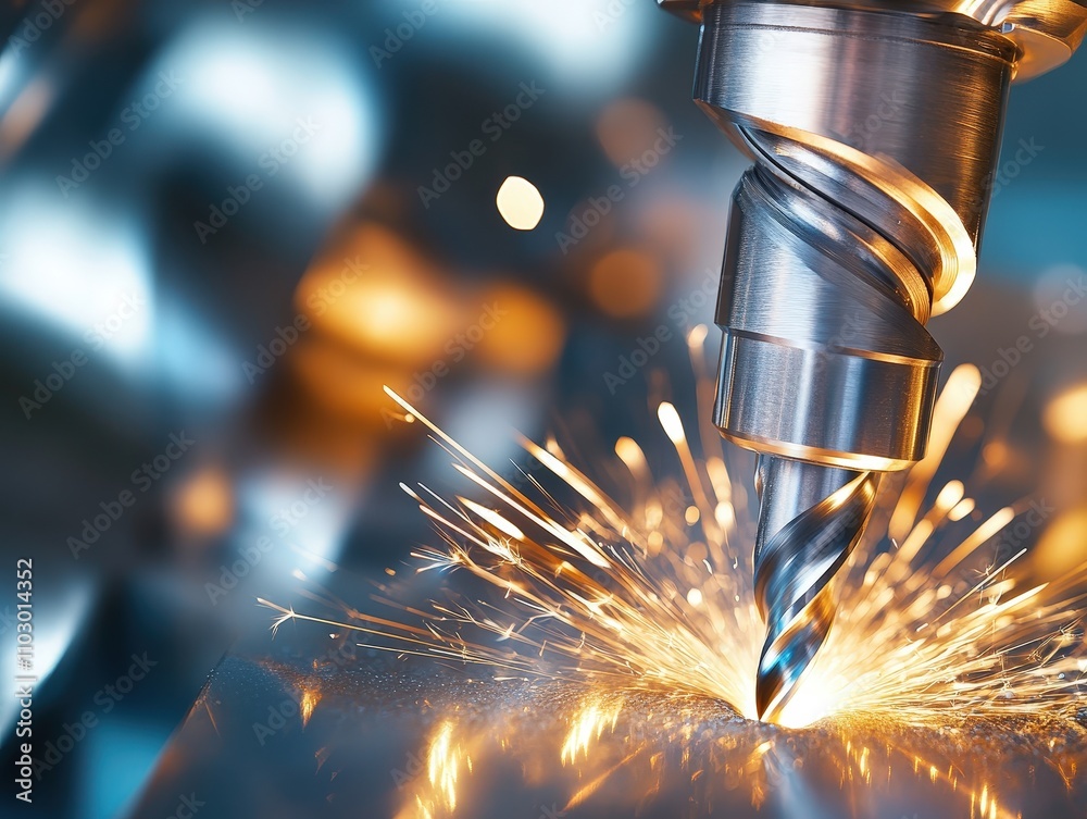 Shiny metal drill bit cutting steel with sparks in industrial engineering close-up. Shiny metal drill bit cutting steel with sparks in industrial engineering close-up.