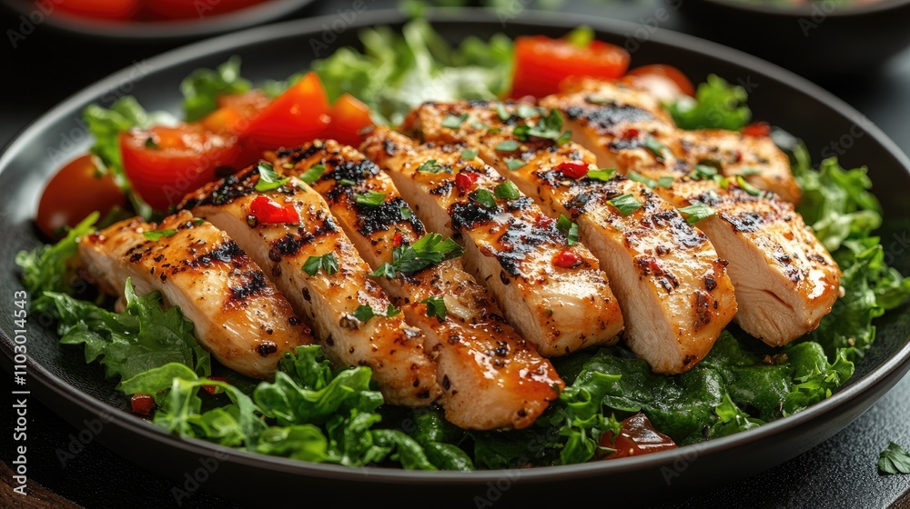 Grilled chicken Caesar salad on a black plate with fresh greens and tomatoes isolated on a white background Grilled chicken Caesar salad on a black plate with fresh greens and tomatoes isolated on a white background