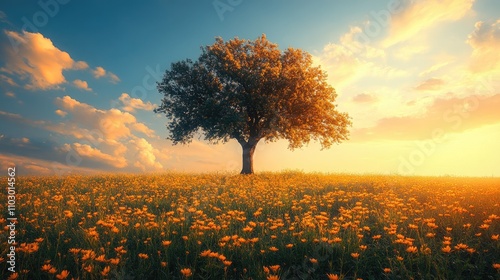 Lonely tree standing in a vibrant green meadow filled with wildflowers under a colorful summer sky at sunset. photo