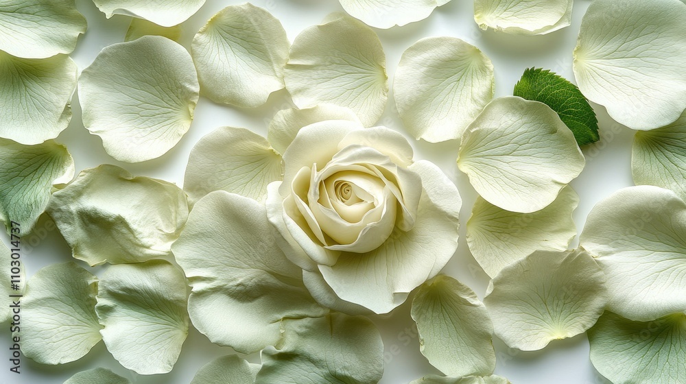 Delicate white rose petals arranged artfully on a bright background featuring a single blooming rose and green accents Delicate white rose petals arranged artfully on a bright background featuring a single blooming rose and green accents