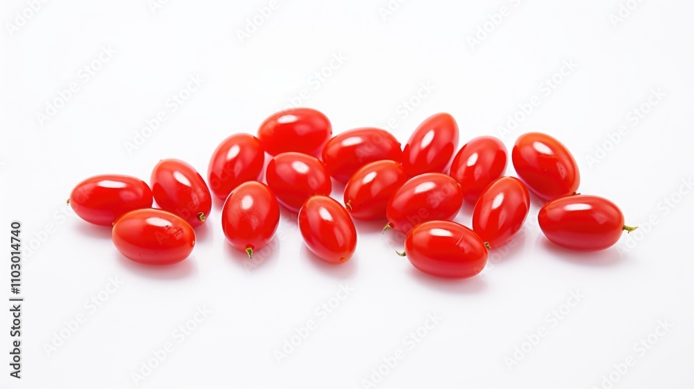 Vibrant cherry tomatoes arranged artistically on a clean white background showcasing their fresh and glossy appearance for culinary use. Vibrant cherry tomatoes arranged artistically on a clean white background showcasing their fresh and glossy appearance for culinary use.