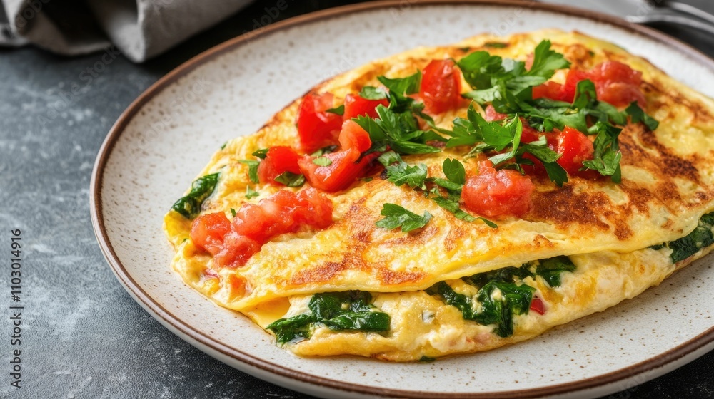 Healthy leftovers transformed into a gourmet breakfast omelet dish with fresh vegetables like tomatoes and spinach showcasing culinary creativity and a nutritious delicious meal Healthy leftovers transformed into a gourmet breakfast omelet dish with fresh vegetables like tomatoes and spinach showcasing culinary creativity and a nutritious delicious meal