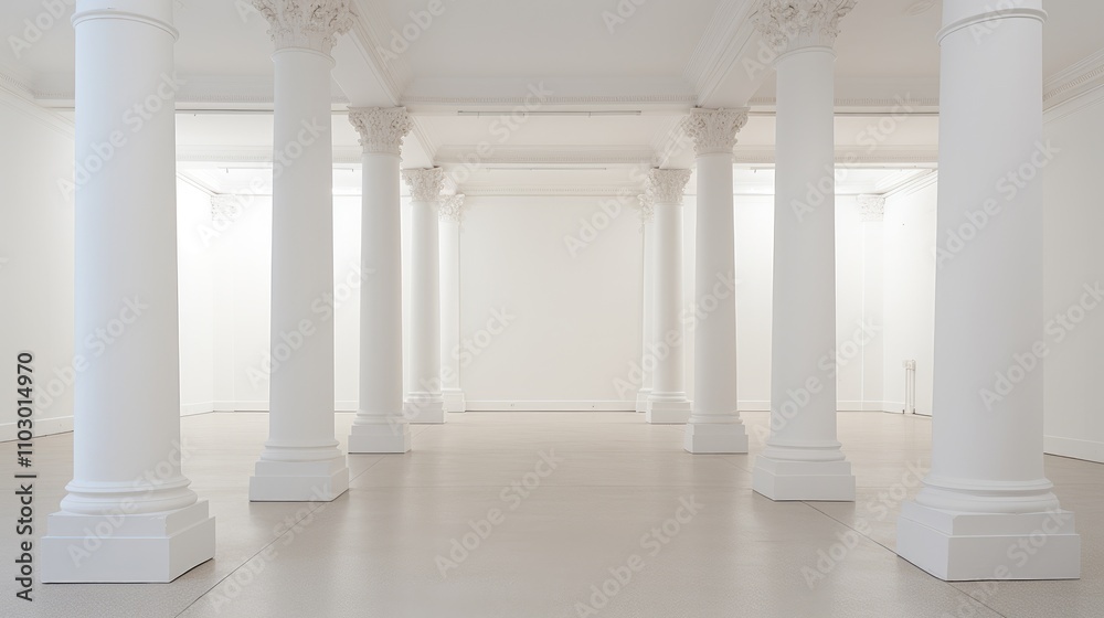 Spacious rental space with white walls and classical columns ideal for events or exhibitions Spacious rental space with white walls and classical columns ideal for events or exhibitions
