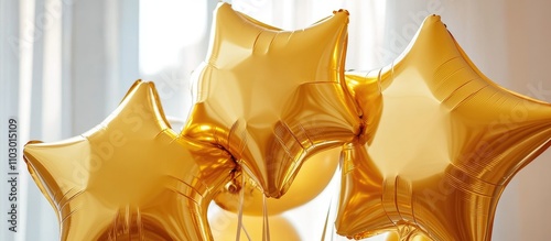 Gold star-shaped balloons as festive interior decorations creating a celebratory atmosphere in a bright room setting. photo