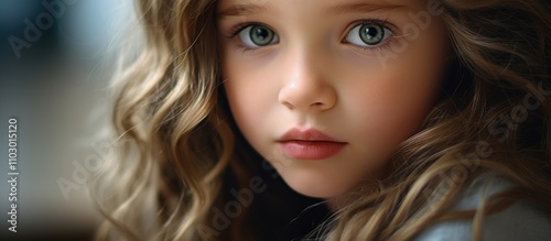 Close up portrait of a beautiful girl with curly hair showcasing expressive eyes and soft features in a blurred background setting