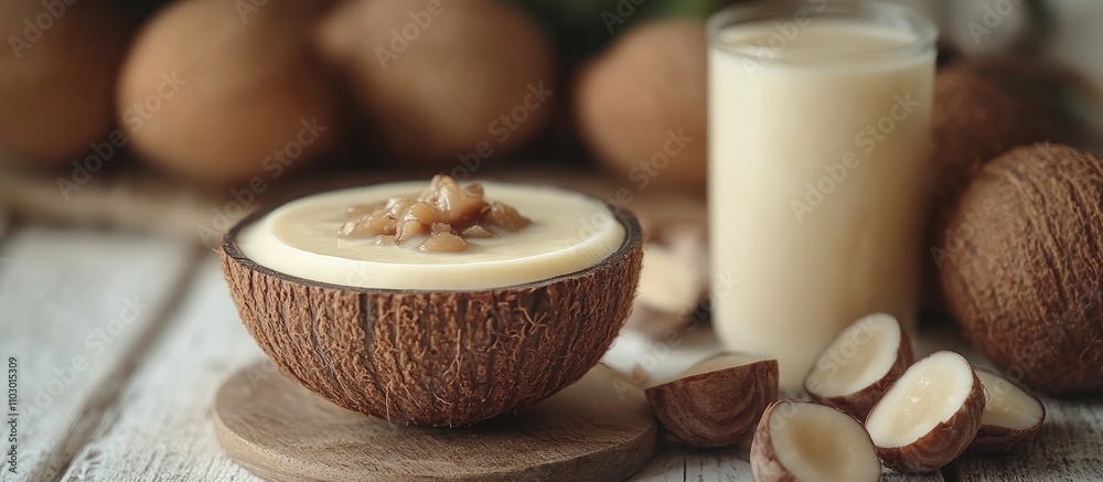 Coconut milk dessert with water chestnuts served in a coconut bowl alongside a glass of refreshing coconut milk beverage