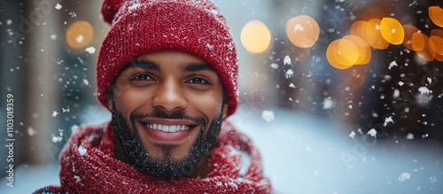 Smiling man in a red hat and scarf enjoying a snowy winter day during festive holiday season celebrations photo