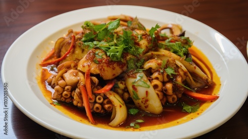 Sauteed neritic squid in Taiwanese cuisine garnished with fresh herbs and vibrant vegetables on a white plate