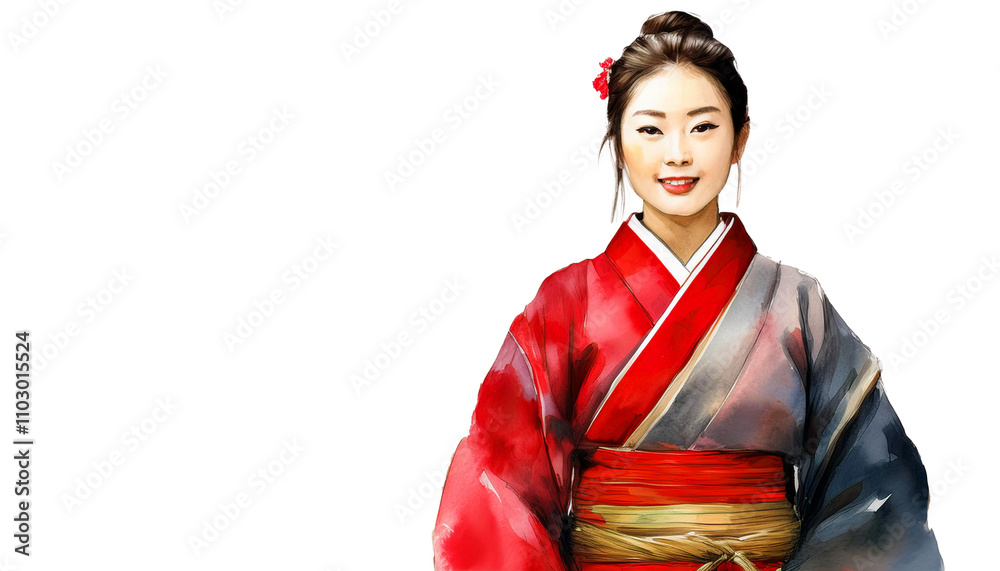 girl in kimono, Watercolor painting of a young woman wearing traditional Chinese clothing in vibrant red, with intricate floral patterns, cultural heritage and artistic elegance, traditional Chinese girl in kimono, Watercolor painting of a young woman wearing traditional Chinese clothing in vibrant red, with intricate floral patterns, cultural heritage and artistic elegance, traditional Chinese