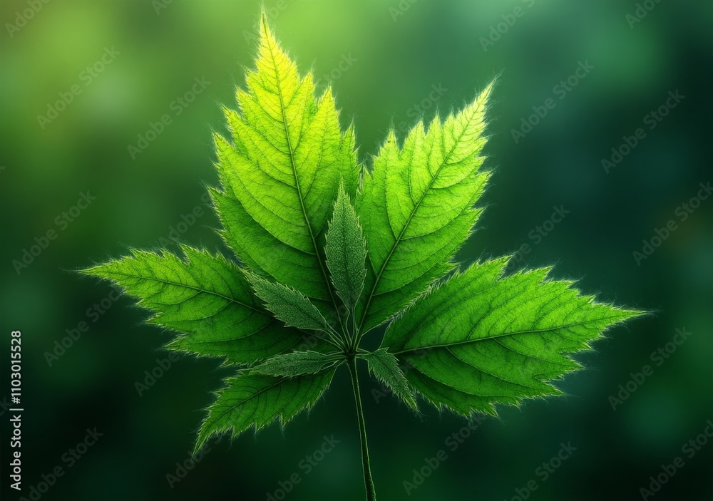 Beautiful green leaves arranged in a star shape with a blurred background Beautiful green leaves arranged in a star shape with a blurred background