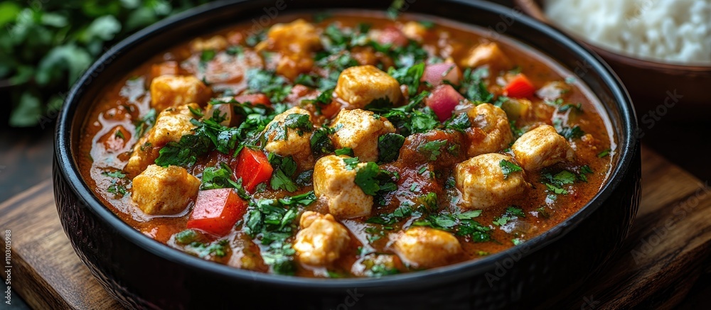 Savoury Veg Chicken Soya Chap with Fresh Herbs and Colorful Vegetables Served in a Bowl Savoury Veg Chicken Soya Chap with Fresh Herbs and Colorful Vegetables Served in a Bowl
