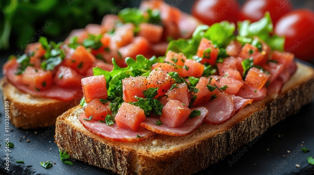 Freshly prepared open-faced sandwiches with ham, diced tomatoes, and salad greens on artisanal bread, garnished with herbs and spices. Freshly prepared open-faced sandwiches with ham, diced tomatoes, and salad greens on artisanal bread, garnished with herbs and spices.