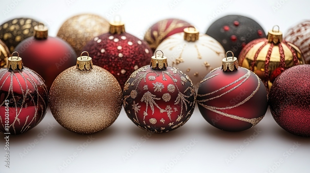 Elegant collection of golden and red Christmas tree ornaments beautifully arranged on a white background for festive decor and celebrations Elegant collection of golden and red Christmas tree ornaments beautifully arranged on a white background for festive decor and celebrations