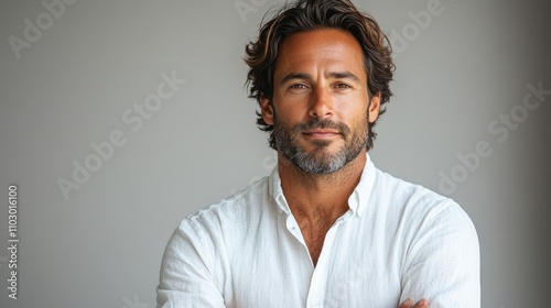 Confident businessman with a beard in a casual white shirt, posing against a neutral background for professional branding or marketing use.