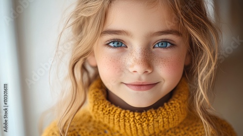 Young girl with blue eyes smiling in a cozy yellow sweater against a soft white background capturing warmth and innocence.