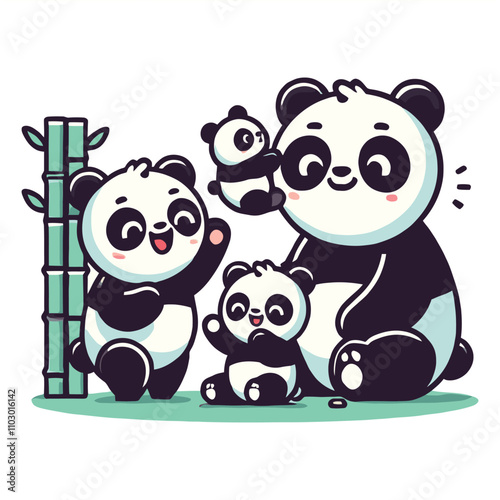 cartoon illustration of a cheerful panda family playing together