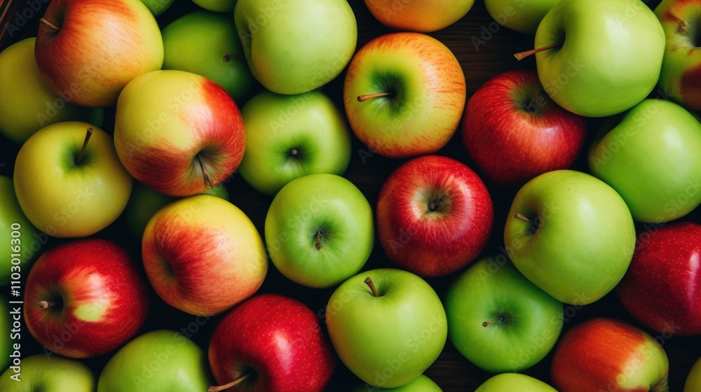 Assorted green and red apples in a wooden basket Healthy eating organic fruits top view natural eco friendly produce for wellness Assorted green and red apples in a wooden basket Healthy eating organic fruits top view natural eco friendly produce for wellness