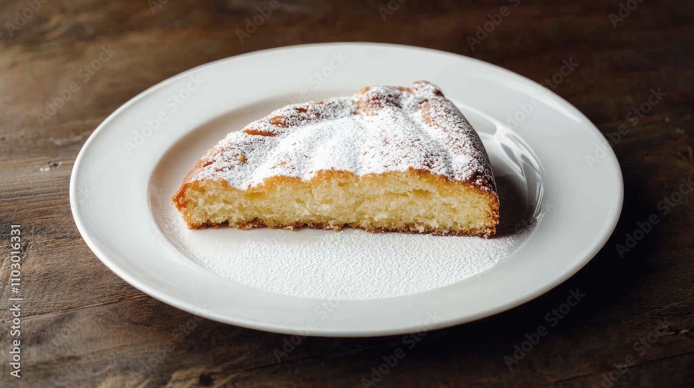 Stollen cake slice on a white plate, generously dusted with powdered sugar, set against a rustic wooden background. Stollen cake slice on a white plate, generously dusted with powdered sugar, set against a rustic wooden background.
