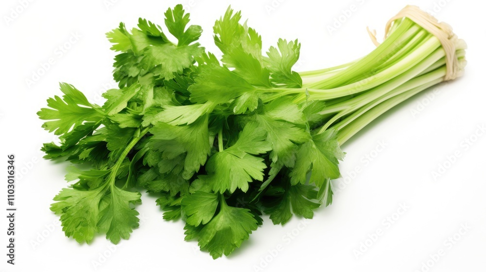 Fresh cilantro bunch on white background Organic herb used in culinary dishes to enhance flavor and add freshness to meals Fresh cilantro bunch on white background Organic herb used in culinary dishes to enhance flavor and add freshness to meals