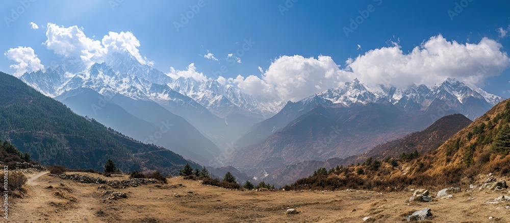 Obraz premium Majestic panoramic view of snow-capped mountains under a clear blue sky with lush valleys and rocky terrain in breathtaking wilderness.