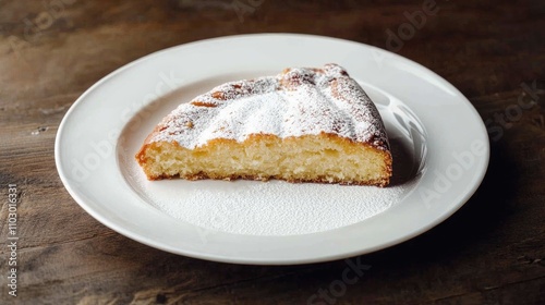 Stollen cake slice on a white plate, generously dusted with powdered sugar, set against a rustic wooden background.