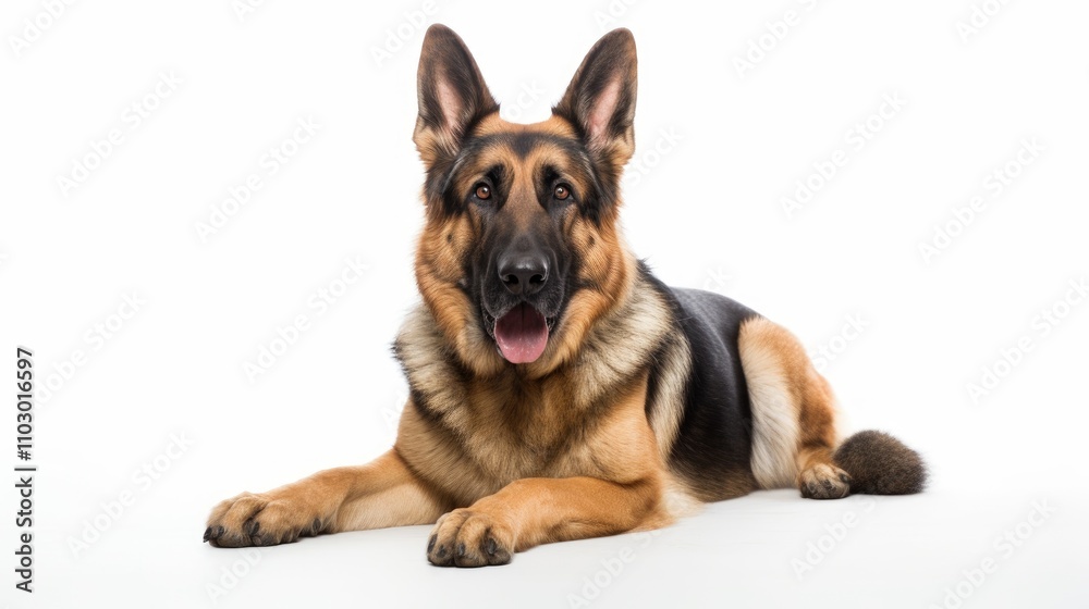 German Shepherd lying calmly on a white backdrop showcasing its distinctive features and gentle demeanor in a professional setting German Shepherd lying calmly on a white backdrop showcasing its distinctive features and gentle demeanor in a professional setting