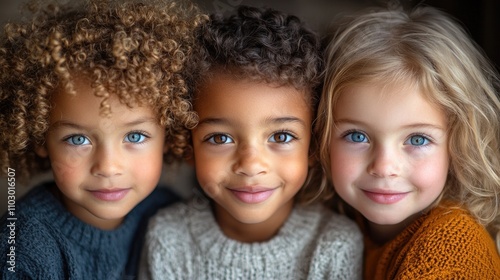 Diverse Group of Smiling Children with Blue Eyes in Cozy Sweaters Capturing Friendship and Joyful Moments in Studio Setting