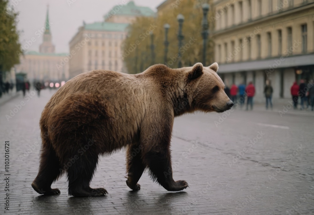 A large brown bear is leisurely walking down a bustling city street A large brown bear is leisurely walking down a bustling city street
